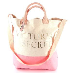 NWT Vintage PINK Victoria's Secret Canvas Tote Beach Bag in Pink, Gold & Beige